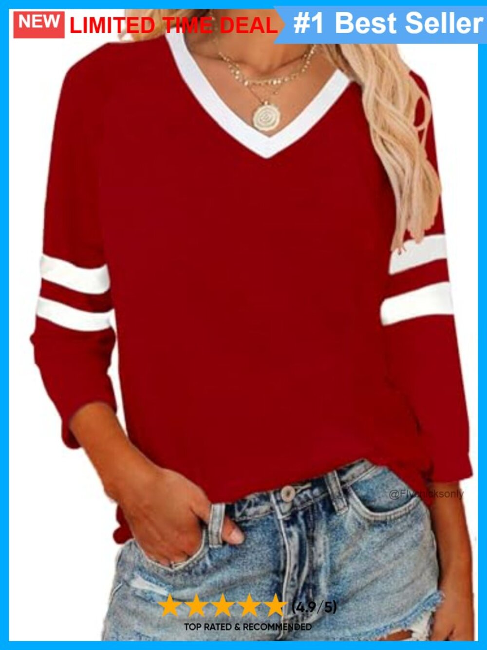 Women's V-Neck Color Block Tunic Tee 3/4 Sleeve Casual Top